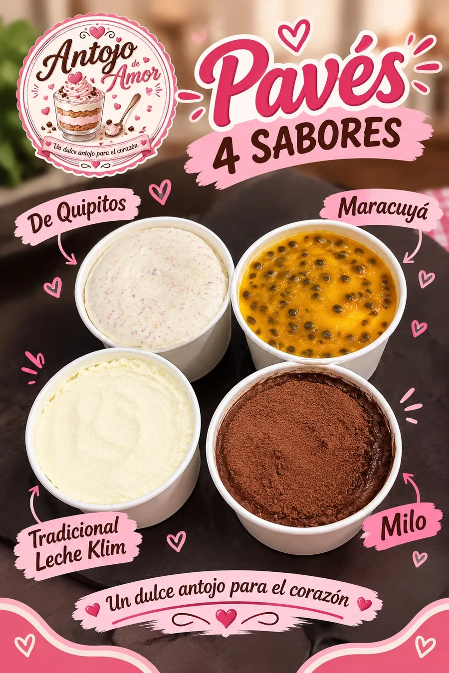 Pavés 4 sabores: De Quipitos, Maracuyá, Tradicional Leche Klim y Milo